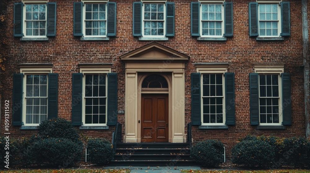 Obraz premium A colonial-era brick building with symmetrical windows and a central door.