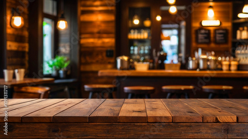 empty Wooden table top on blur modern coffe shop background, with wood wall
