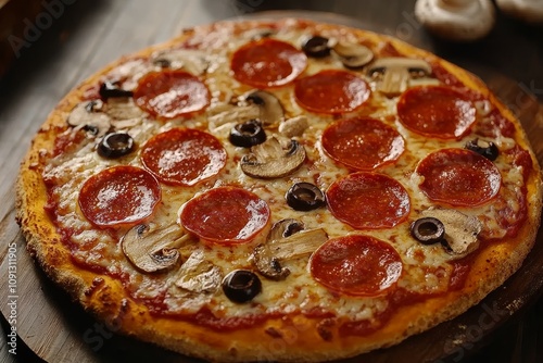 Delicious Pepperoni, Mushroom, and Olive Pizza - Savory pepperoni pizza topped with mushrooms, olives, and melted cheese. A classic comfort food, perfect for sharing.  Italian, cheesy, delicious, sati photo