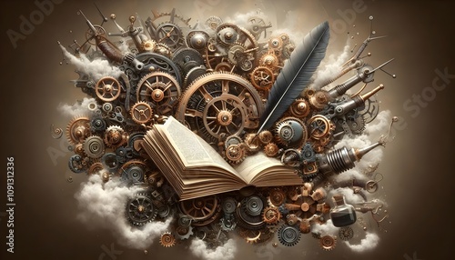 A 3d rendered mechanical and industrial twist on books and knowledge. Gears and cogs intertwined with open books, quills, and ink bottles. Textures of aged metal and steam.