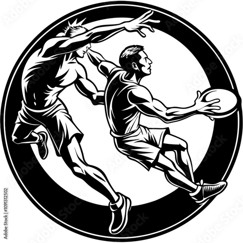 Ultimate Showdown: Two determined athletes battle for possession of the disc in a dynamic and intense illustration of ultimate frisbee. This vector graphic depicts the athleticism, skill.