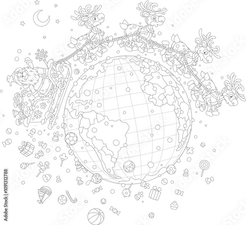 Santa Claus with holiday gifts traveling around the world in his magic sleigh with a team of flying reindeers on a snowy night before Christmas, black and white vector cartoon illustration
