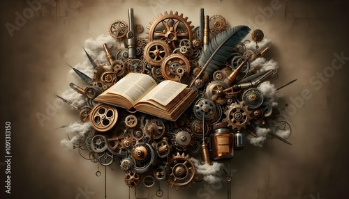 A mechanical and industrial twist on books and knowledge. Gears and cogs intertwined with open books, quills, and ink bottles. Textures of aged metal and steam.