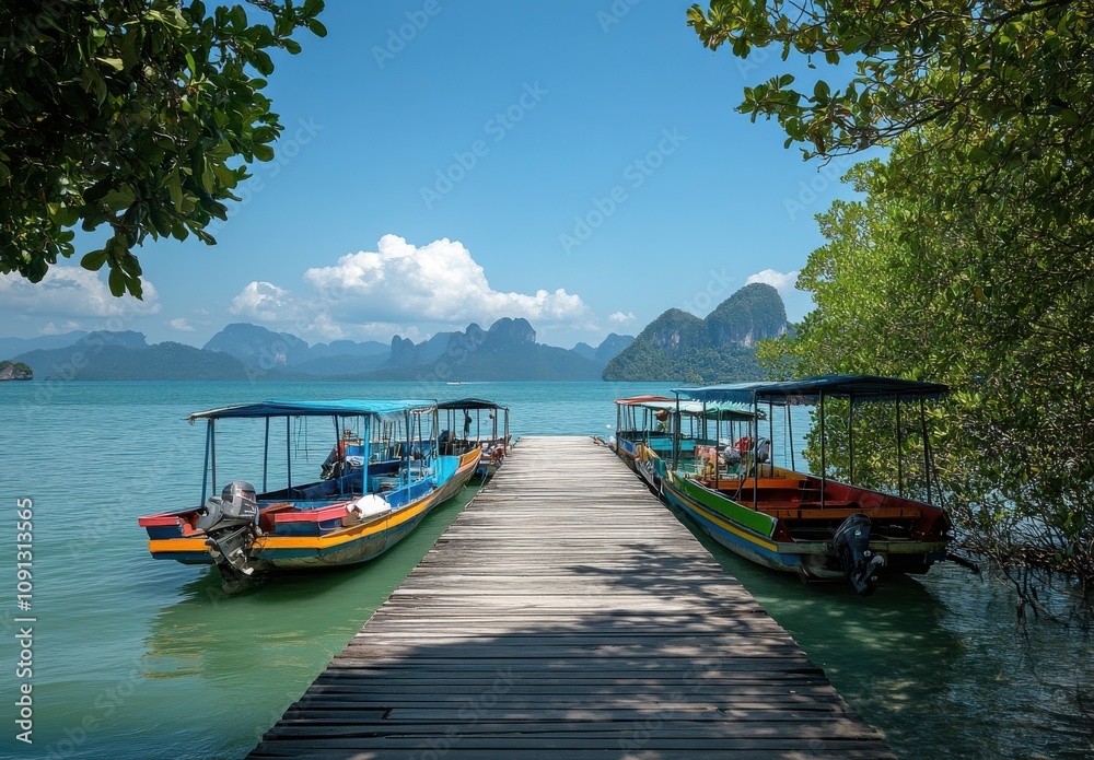 Naklejka premium Serene Tropical Dock with Colorful Boats, Lush Greenery, and Scenic Mountain View Under a Clear Blue Sky in a Coastal Paradise