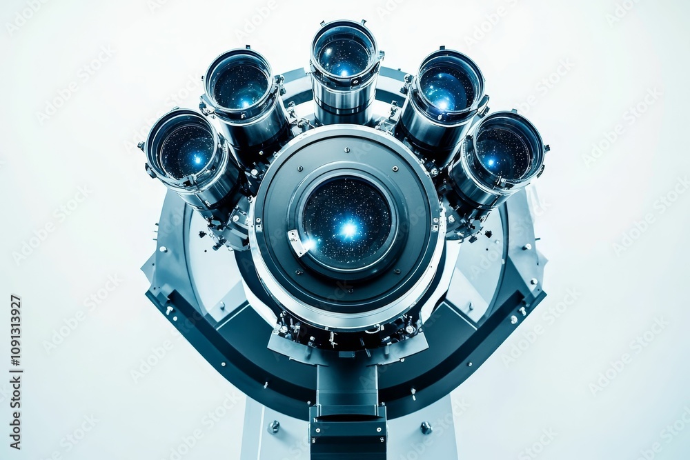 Fototapeta premium Advanced telescope, multiple lenses, observing space.