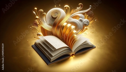 A luxurious design emphasizing the value of knowledge. Open books with golden edges glowing softly, with abstract swirls of light resembling flowing ideas. A textured golden gradient.