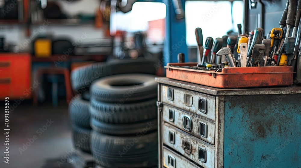 Fototapeta premium A mechanic's toolbox in the foreground with tires of different sizes visible in the background.