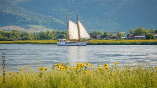 River sailboat and sunflowers