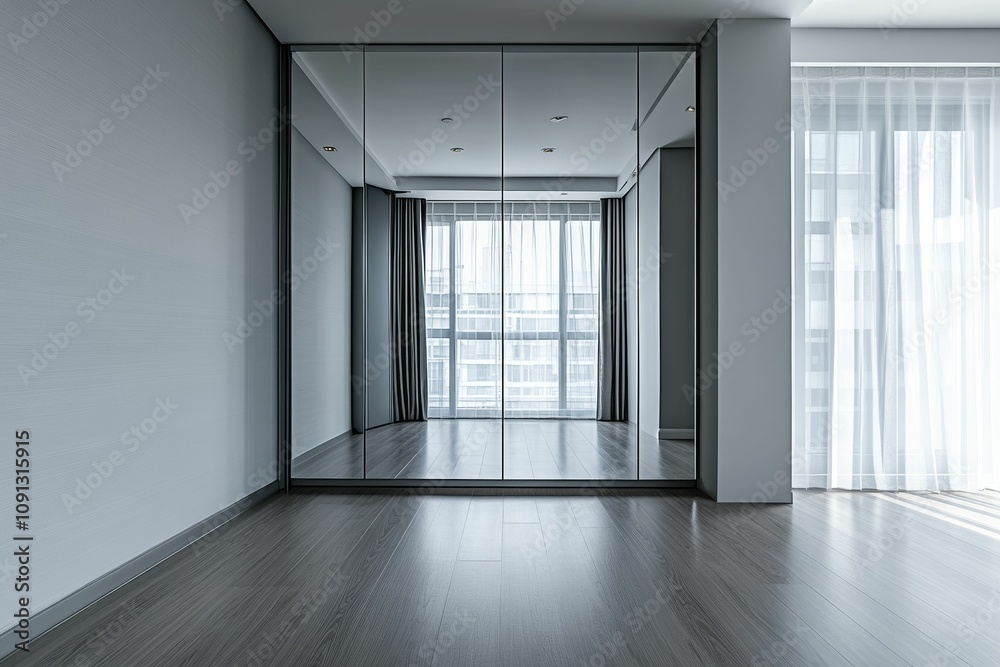 Fototapeta premium Modern minimalist room, mirrored closet, window.