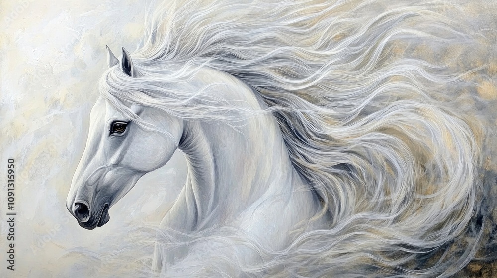 Obraz premium Elegant portrait of a white pony with a flowing mane, set against a soft, ethereal background that highlights its grace and beauty.