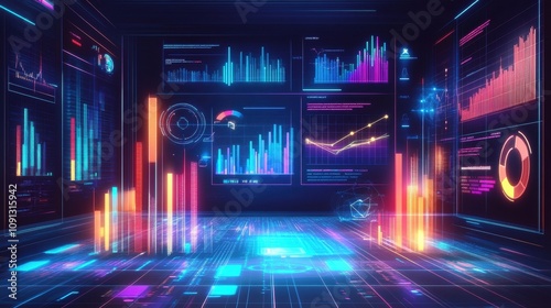 A computer monitor displays a colorful array of graphs and numbers