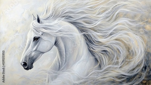 Elegant portrait of a white pony with a flowing mane, set against a soft, ethereal background that highlights its grace and beauty.
