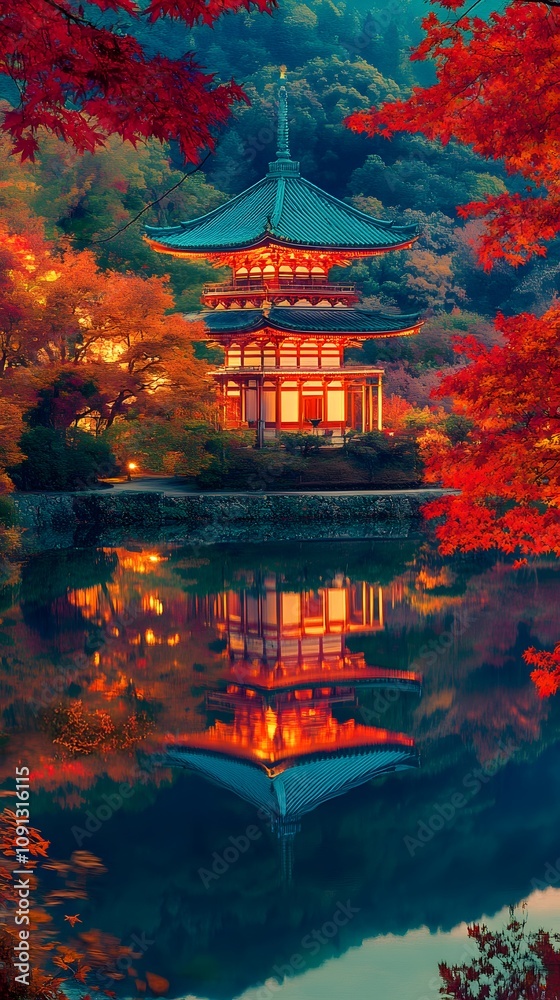 A picturesque night scene of the autumn leaves at Kiyomizudera National Park, with reflections on a tranquil pond and illuminated pagodas in red hues A picturesque night scene of the autumn leaves at Kiyomizudera National Park, with reflections on a tranquil pond and illuminated pagodas in red hues