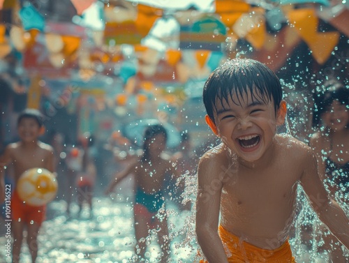 A cheerful child laughing and splashing water in a festive street setting with colorful decorations during a lively celebration. photo