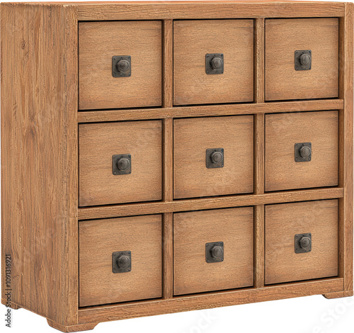 Wooden cabinet with nine square drawers photo