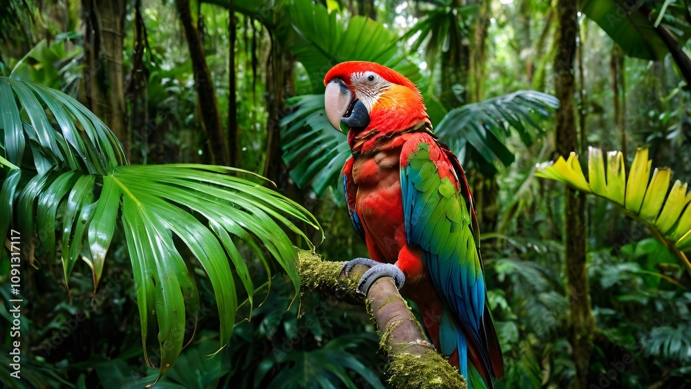 Obraz premium Vibrant Parrot Perched Amidst Tropical Rainforest Foliage in Stunning Colors