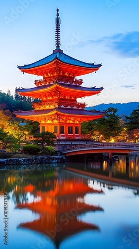 A picturesque night scene of the autumn leaves at Kiyomizudera National Park, with reflections on a tranquil pond and illuminated pagodas in red hues