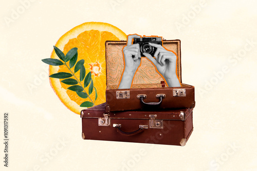 Exotic fruits country turkey excursion collage hands shooting sightseeing beautiful location few baggage cases isolated on beige background photo