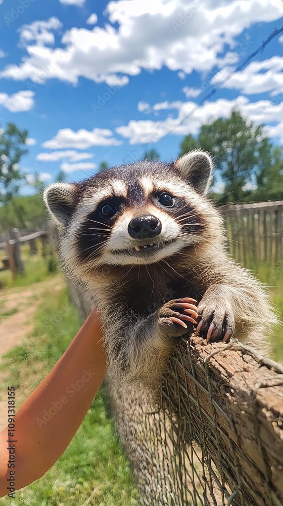 A raccoon happily interacting with a person at a wildlife area. A raccoon happily interacting with a person at a wildlife area.