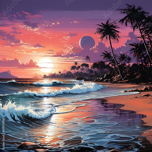 Vibrant sunset over a tropical beach with palm trees and a planet in the sky.