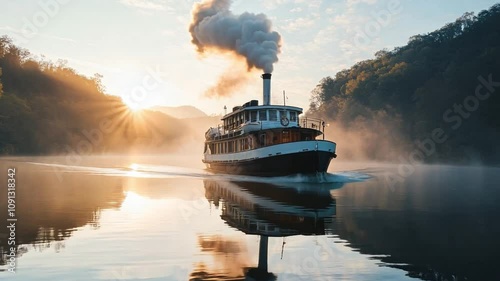 A steamboat glides through misty waters at sunrise in a serene mountain landscape