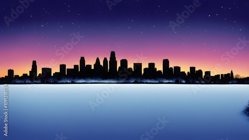 Minneapolis skyline silhouette with a snowy winter background, AI Generated