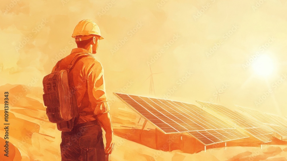Solar Engineer in Desert at Sunset Solar Engineer in Desert at Sunset