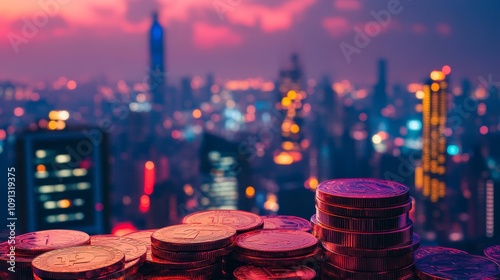 City Skyline and Stacked Coins: Financial Success - Cityscape backdrop, stacked coins symbolize growth, wealth, investment, prosperity, and success. photo