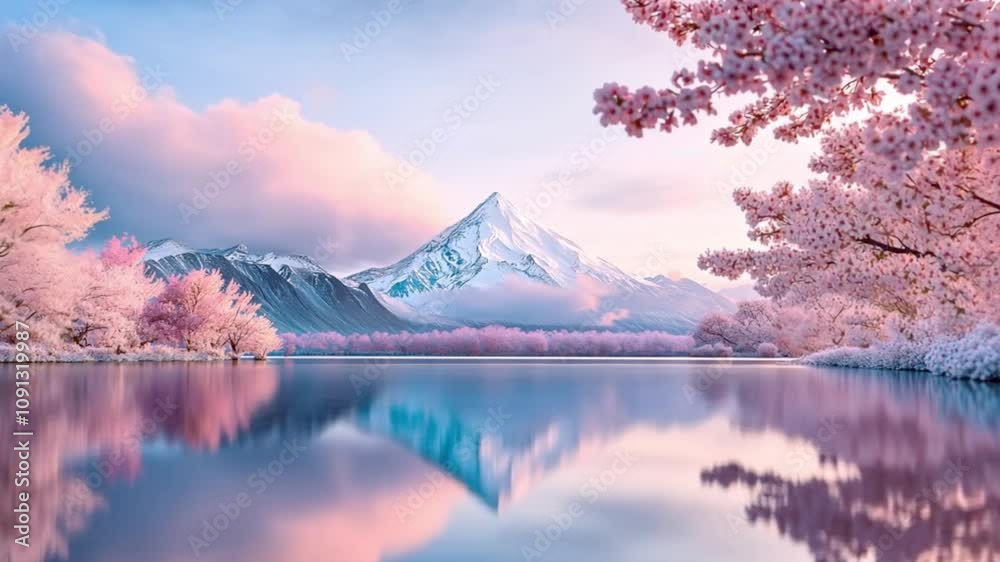 Pink blossoms frame a snowy mountain reflected in a serene lake. Pink blossoms frame a snowy mountain reflected in a serene lake.