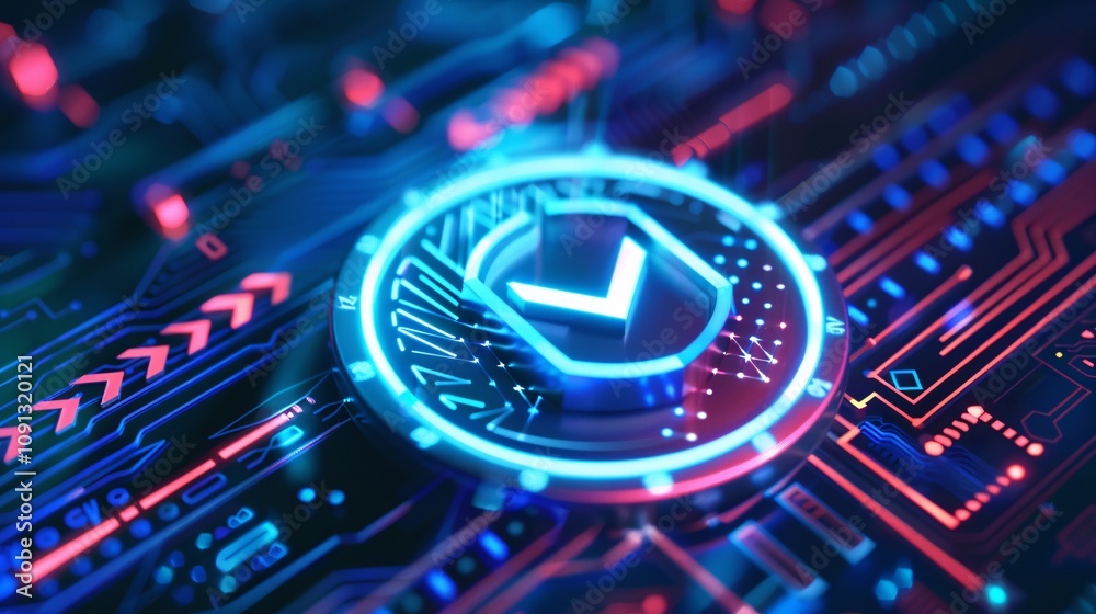 Fototapeta premium Glowing Cyberpunk Inspired Digital Circuit Board Interface with Neon Accents and Abstract Patterns High tech futuristic 3D rendered background with luminous electronic components intricate circuitry