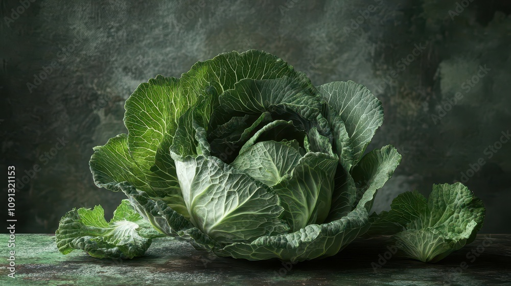 Fototapeta premium Fresh, vibrant cabbage resting on a textured surface, showcasing its intricate leaves and deep green color, perfect for culinary displays and healthy meals.