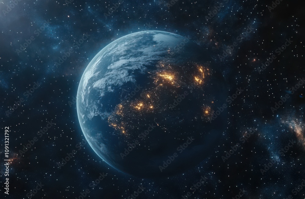 Obraz premium Stunning View of Earth from Space at Night with Glowing City Lights and Twinkling Stars Against a Deep Cosmic Background