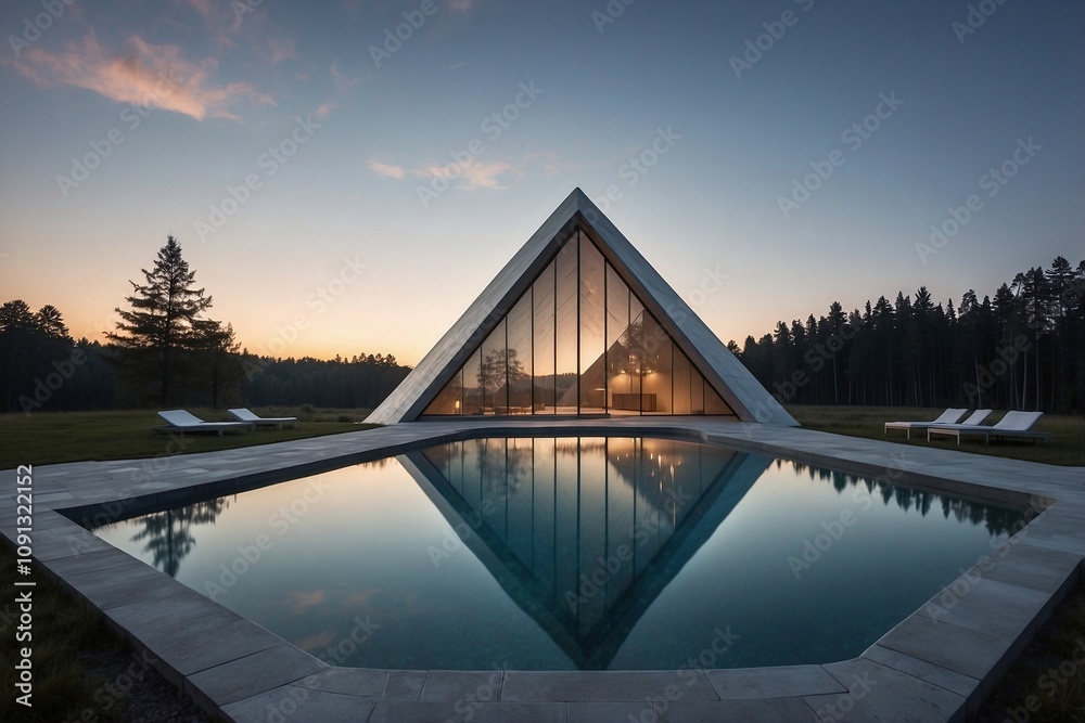 Fototapeta premium Modern Triangular Building with Pool in Front Against a Clear Evening Sky and Striking Lighting