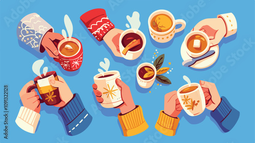 Cozy Moments: Hands Holding Mugs of Hot Drinks with Steam, Perfect for Winter Vibes and Relaxation