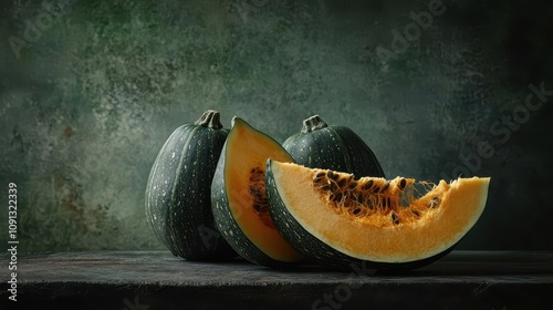 A beautifully arranged display of fresh green pumpkins, showcasing their vibrant orange flesh, ideal for autumn-themed recipes and culinary projects. photo