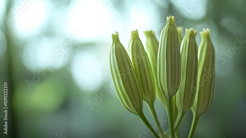 A close-up view of delicate green plant buds emerging, showcasing their unique shapes and textures against a soft, blurred background. photo