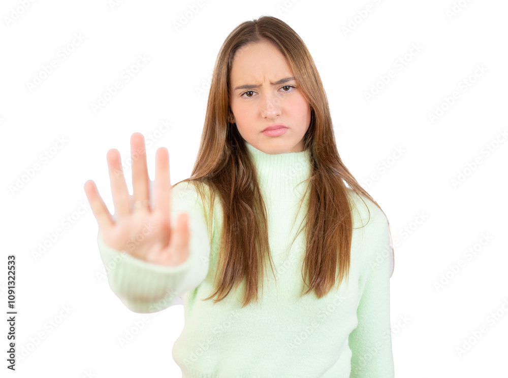 Portrait of a serious young woman showing stop gesture with her palm isolated over white background. PNG transparent Portrait of a serious young woman showing stop gesture with her palm isolated over white background. PNG transparent