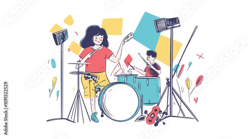 Music Bloggers Streaming with Woman and Child
