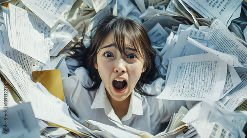 A woman overwhelmed by paperwork, expressing frustration and anxiety amidst a chaotic pile of documents in a hectic environment.