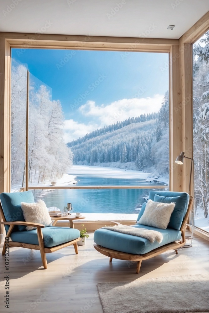 Fototapeta premium Living Room with Modern Furniture and Large Window Overlooking a Snowy Forest and River