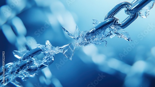 Fragmenting chain in deep blue with ice crystals breaking