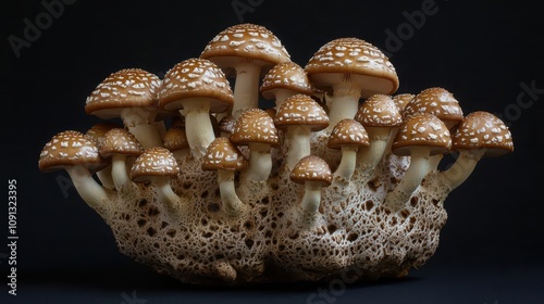 A beautiful cluster of mushrooms, showcasing unique textures and patterns, perfect for nature lovers and culinary enthusiasts. photo