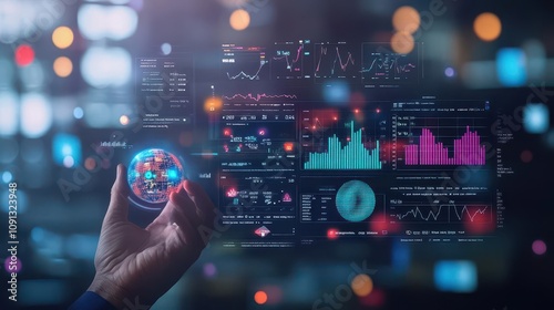 Smart retirement management, holographic data, clean financial dashboard