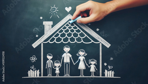 A hand drawing a chalk illustration of a happy family under a roof on a blackboard, symbolizing security and togetherness