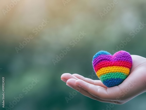 Selfcompassion illustrated by a gentle hand holding a small, vibrant heart in soft focus an emblem of selflove and kindness side view compassionate tone Pastel color scheme photo