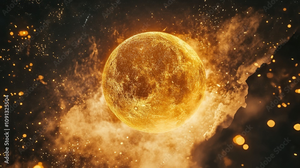 Obraz premium Colorful fireworks with a golden supermoon illuminating the background, capturing the beauty of a night celebration.