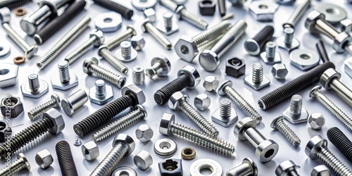 A Scattered Collection of Screws, Bolts, and Nuts, Metal Hardware, Industrial Background, White Background, Hardware