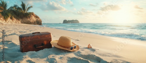 Tranquil Beach Scene with Vintage Suitcase, Straw Hat, Sunglasses, and Seashells Under a Bright Sky with Waves Gently Lapping at the Shoreline in the Distance photo