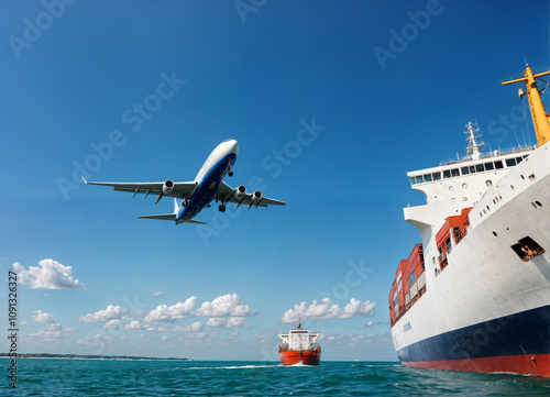  The image depicts a large cargo ship loaded with colorful containers sailing on the ocean, with an airplane flying overhead against a bright blue sky, symbolizing global trade, logistics, and multimo