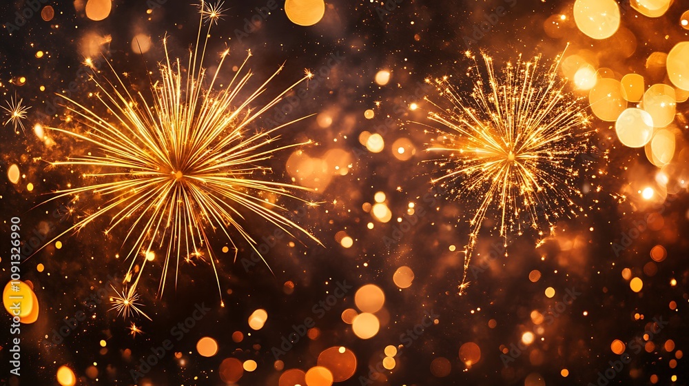 Fototapeta premium Glittering golden fireworks illuminating the black glowing bokeh dots floating gently in the scene
